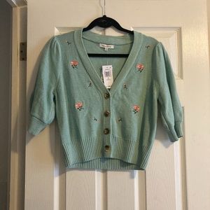 Teal floral embroidered puff sleeve button front v neck cardigan